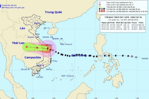 Bản đồ đường đi của Bão số 9. (Ảnh: TTXVN phát)