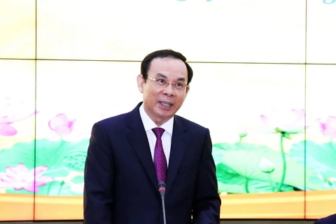 Bí thư Trung ương Đảng, Bí thư Thành ủy Thành phố Hồ Chí Minh Nguyễn Văn Nên phát biểu tại buổi gặp gỡ. (Ảnh: Xuân Khu/TTXVN)