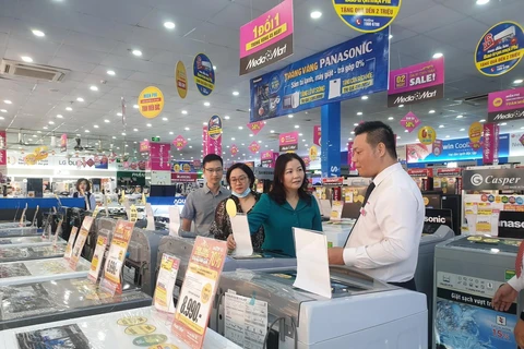 Bà Trần Thị Phương Lan, Phó Giám đốc phụ trách Sở Công Thương Hà Nội (áo xanh) đi kiểm tra tại siêu thị điện máy MediaMart Phạm Văn Đồng. (Ảnh: Phương Anh/TTXVN)