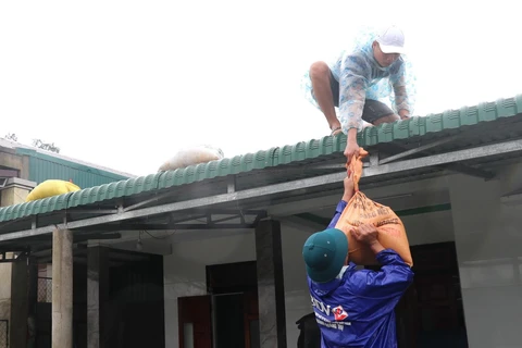 Người dân xã Gio Mai, huyện Gio Linh, tỉnh Quảng Trị đưa bao tải đựng cát lên gia cố mái nhà phòng chống bão số 13. (Ảnh: Nguyên Lý/TTXVN)