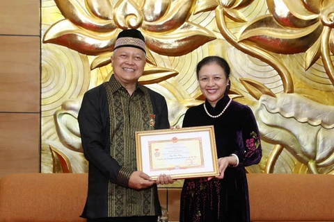 Chủ tịch Liên hiệp các tổ chức Hữu nghị Việt Nam Nguyễn Phương Nga trao Kỷ niệm chương cho Đại sứ Indonesia tại Việt Nam Ibnu Hadi. (Ảnh: Văn Điệp/TTXVN)