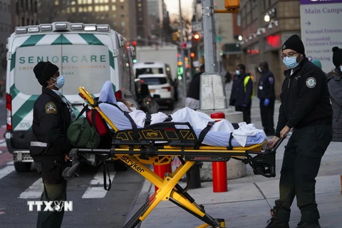 Nhân viên y tế chuyển bệnh nhân COVID-19 tới bệnh viện ở New York, Mỹ. (Ảnh: THX/TTXVN)