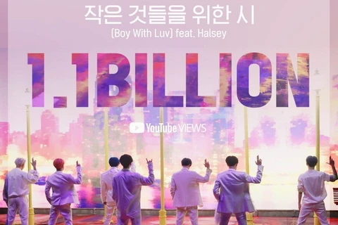 Hình ảnh kỷ niệm 1,1 tỷ lượt xem trên YouTube cho video âm nhạc "Boy With Luv (Feat. Halsey) của BTS." (Nguồn: Yonhap)