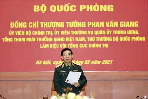 Thượng tướng Phan Văn Giang, Ủy viên Bộ Chính trị, Ủy viên Thường vụ Quân ủy Trung ương, Tổng Tham mưu trưởng Quân đội Nhân dân Việt Nam, Thứ trưởng Bộ Quốc phòng phát biểu tại buổi làm việc. (Nguồn: qdnd.vn)