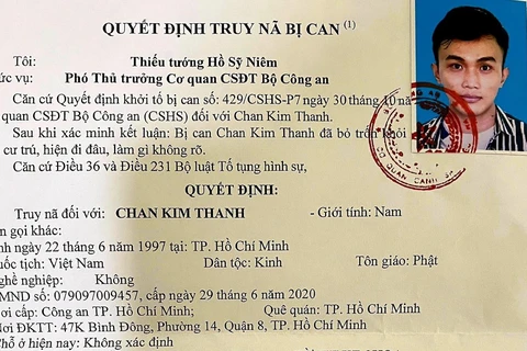 Bộ Công an ra quyết định truy nã Chan Kim Thanh, đối tượng của băng nhóm lừa đảo. (Ảnh: Thành Chung/TTXVN)