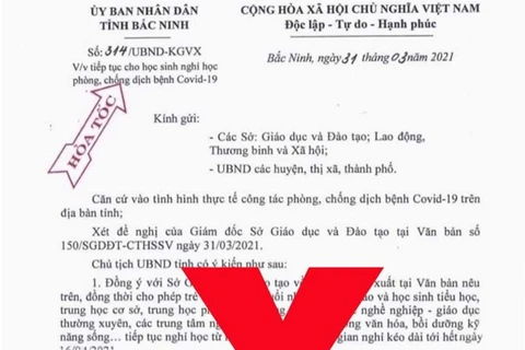 Văn bản giả mạo của UBND tỉnh Bắc Ninh về việc cho học sinh nghỉ học phòng chống COVID-19. (Nguồn: vtc.vn)