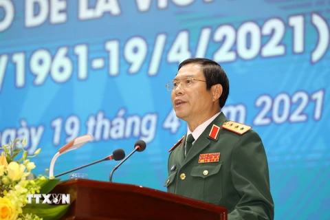 Thượng tướng Nguyễn Tân Cương, Ủy viên Trung ương Đảng, Thứ trưởng Bộ Quốc phòng phát biểu. (Ảnh: Văn Điệp/TTXVN)
