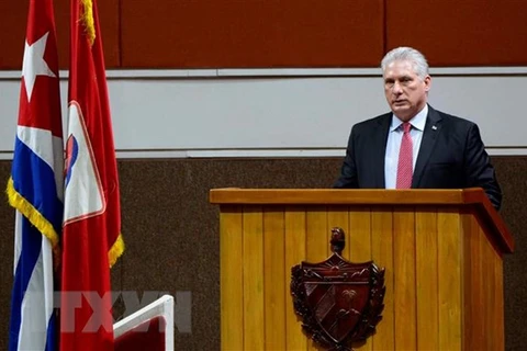 Ông Miguel Diaz-Canel, người vừa được bầu làm Bí thư thứ nhất Đảng Cộng sản Cuba (PCC), phát biểu tại phiên bế mạc Đại hội lần thứ VIII PCC, ở La Habana, ngày 19/4/2021. (Nguồn: AFP/TTXVN)