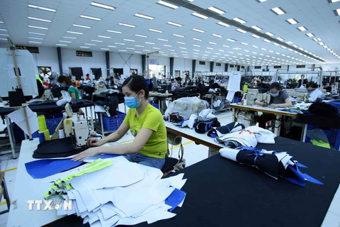 Sản xuất các mặt hàng may mặc xuất khẩu tại Công ty TNHH Kydo Việt Nam có vốn đầu tư Hàn Quốc ở Khu Công nghiệp Phố nối A, tỉnh Hưng Yên. (Ảnh: Phạm Kiên/TTXVN)