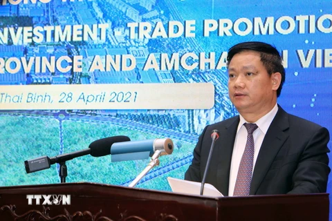 Chủ tịch UBND tỉnh Thái Bình Nguyễn Khắc Thận phát biểu tại buổi tọa đàm. (Ảnh: Thế Duyệt/TTXVN)