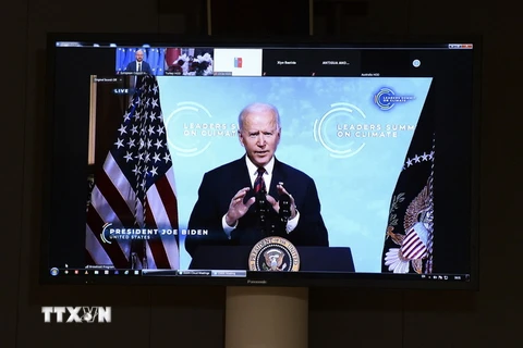 Tổng thống Mỹ Joe Biden phát biểu tại lễ khai mạc Hội nghị thượng đỉnh trực tuyến về khí hậu, ngày 22/4 vừa qua. (Ảnh: Kyodo/TTXVN)