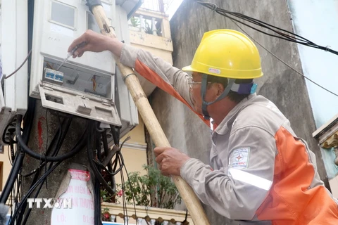 Công nhân Điện lực kiểm tra đồng hồ đo điện của các hộ dân. (Ảnh: Văn Đạt/TTXVN)