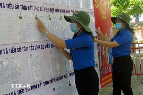 Các bạn Đoàn viên thanh niên phường 4, thành phố Tuy Hòa tình nguyện tham gia trang trí điểm bỏ phiếu bầu cử. (Ảnh: Xuân Triệu/TTXVN)