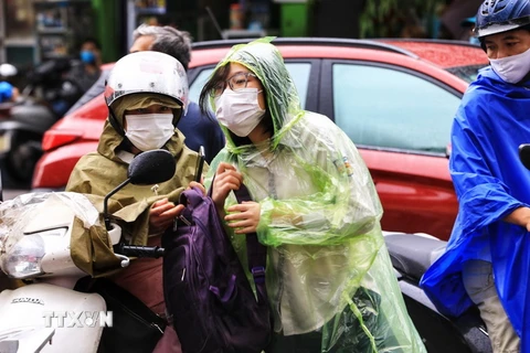 Những khoảnh khắc ấn tượng cảnh phụ huynh và thí sinh đội mưa đi thi sáng 12/6. (Ảnh: Thành Đạt/TTXVN)