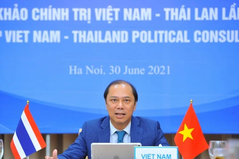 Thứ trưởng Bộ Ngoại giao Việt Nam Nguyễn Quốc Dũng chủ trì theo hình thức trực tuyến. (Ảnh: Minh Đức/TTXVN)