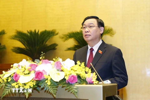 Chủ tịch Quốc hội Vương Đình Huệ, Chủ tịch Hội đồng Bầu cử quốc gia phát biểu. (Ảnh: Doãn Tấn/TTXVN)