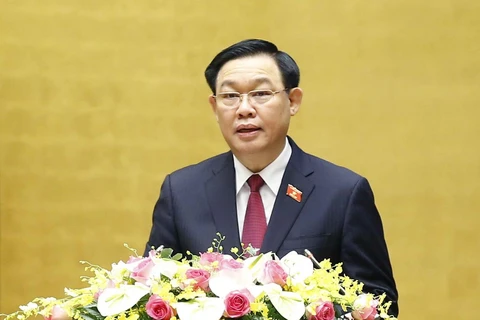 Chủ tịch Quốc hội Vương Đình Huệ, Chủ tịch Hội đồng Bầu cử quốc gia phát biểu. (Ảnh: Doãn Tấn/TTXVN)