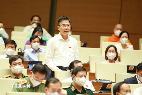 Bộ trưởng Bộ Tư pháp Lê Thành Long giải trình ý kiến của đại biểu Quốc hội. (Ảnh: Phương Hoa/TTXVN)
