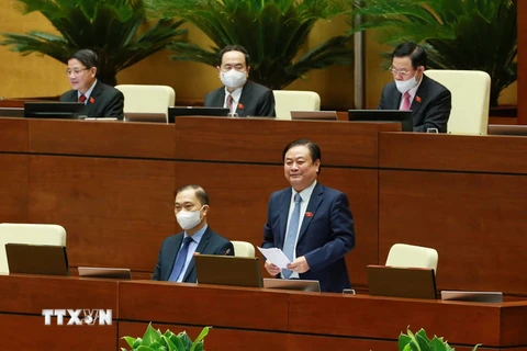 Bộ trưởng Bộ Nông nghiệp và Phát triển Nông thôn Lê Minh Hoan giải trình làm rõ vấn đề Đại biểu Quốc hội nêu. (Ảnh: Phương Hoa/TTXVN)