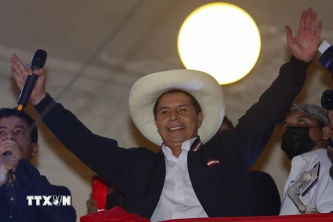 Ông Pedro Castillo vui mừng sau khi được công bố là Tổng thống đắc cử Peru, tại Lima ngày 19/7 vừa qua. (Ảnh: AFP/TTXVN)