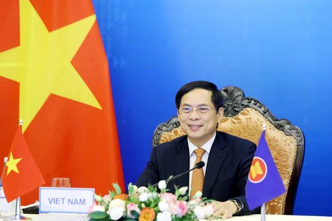Bộ trưởng Bộ Ngoại giao Bùi Thanh Sơn tham dự Hội nghị Bộ trưởng Ngoại giao ASEAN-Ấn Độ theo hình thức trực tuyến. (Ảnh: Phạm Kiên/TTXVN)