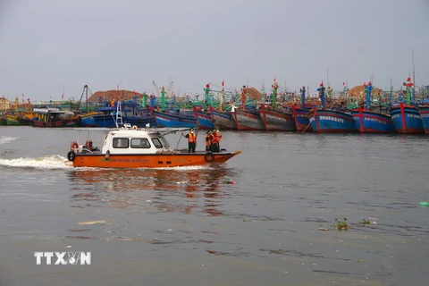 Bộ chỉ huy Bộ đội Biên phòng tỉnh Bình Định kêu gọi ngư dân neo đậu tàu thuyền để tránh bão số 6. (Ảnh: Nguyên Linh/TTXVN)