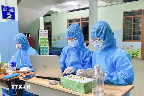 Sinh viên ngành sức khỏe Trường Đại học Nguyễn Tất Thành tham gia tình nguyện, thực hiện ghi dữ liệu mẫu xét nghiệm COVID-19. (Ảnh: TTXVN phát)