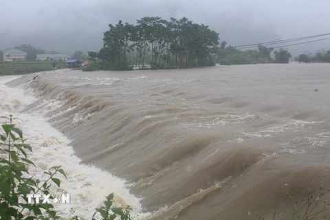 Mưa lớn gây ngập lụt nhiều tuyến đường ở xã Lục Da, huyện Con Cuông khiến giao thông bị chia cắt. (Ảnh: TTXVN phát)