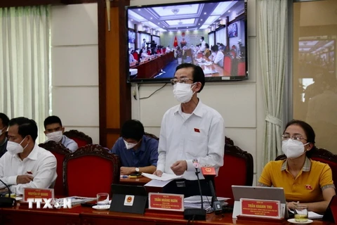 Đại biểu Trần Hoàng Ngân, Viện trưởng Viện Nghiên cứu Phát triển Thành phố Hồ Chí Minh trao đổi, thảo luận tại tổ. (Ảnh: Tiến Lực/TTXVN)