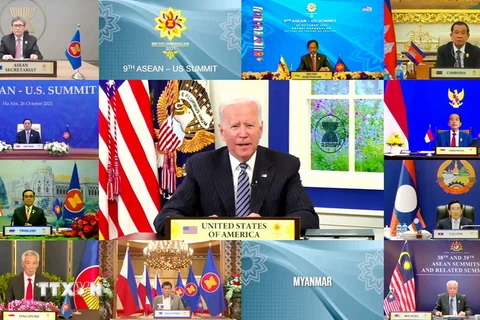 Ngày 26/10/2021, Tổng thống Mỹ Joe Biden (ảnh, giữa) tham dự Hội nghị cấp cao ASEAN-Mỹ lần thứ 9 theo hình thức trực tuyến (Ảnh: AFP/TTXVN)
