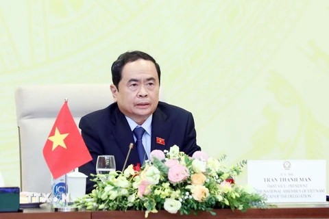 Phó Chủ tịch Thường trực Quốc hội Trần Thanh Mẫn phát biểu tại điểm cầu Hà Nội. (Ảnh: Phạm Kiên/TTXVN)
