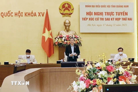 Phó Chủ tịch Quốc hội Nguyễn Đức Hải phát biểu tại Hội nghị tiếp xúc cử tri sau Kỳ họp thứ 2, Quốc hội khóa XV của Đoàn đại biểu Quốc hội tỉnh Quảng Nam. (Ảnh: Việt Đức/TTXVN)