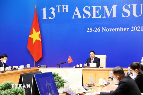 Thủ tướng Chính phủ Phạm Minh Chính phát biểu tại Hội nghị Cấp cao Á-Âu (ASEM) lần thứ 13. (Ảnh: Lâm Khánh/TTXVN)