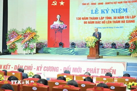 Chủ tịch nước Nguyễn Xuân Phúc phát biểu tại buổi lễ. (Ảnh: Minh Đức/TTXVN)