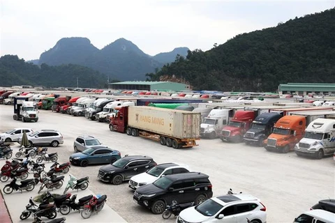 Xe chờ thông quan hàng hóa tại bãi xe cửa khẩu Tân Thanh, tỉnh Lạng Sơn. (Ảnh: Phạm Hậu/TTXVN)