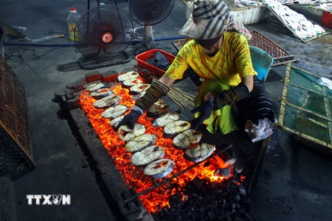 Hình ảnh nghề nướng cá nơi Làng biển Nghi Thủy vào vụ Tết 