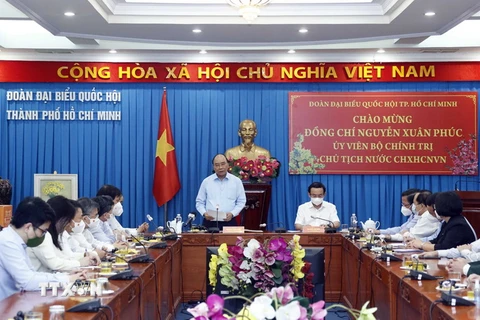 Chủ tịch nước Nguyễn Xuân Phúc phát biểu tại buổi làm việc. (Ảnh: Thống Nhất/TTXVN)