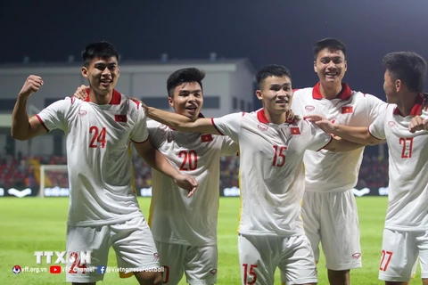 Các cầu thủ Việt Nam ăn mừng chiến thắng sau khi đồng đội ghi bàn. (Ảnh: TTXVN phát)