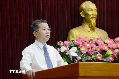 Bí thư Thành ủy Đà Nẵng Nguyễn Văn Quảng phát biểu tại Hội nghị. (Ảnh: Quốc Dũng/TTXVN)