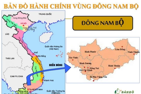 Vùng Đông Nam Bộ gồm 6 tỉnh, thành phố trực thuộc Trung ương là Thành phố Hồ Chí Minh, Đồng Nai, Bình Dương, Bà Rịa-Vũng Tàu, Bình Phước và Tây Ninh. (Nguồn: Bản đồ Việt Nam)