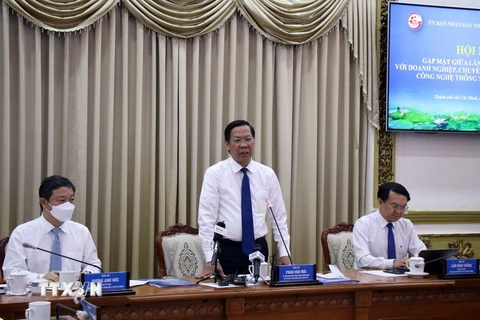 Chủ tịch UBND Thành phố Hồ Chí Minh Phan Văn Mãi phát biểu kết luận Hội nghị. (Ảnh: Tiến Lực/TTXVN)