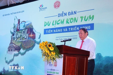 Bộ trưởng Bộ Văn hóa, Thể thao và Du lịch Nguyễn Văn Hùng phát biểu tại diễn đàn. (Ảnh: Dư Toán/TTXVN)