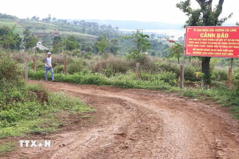 Chính quyền các xã, phường của thành phố Pleiku (Gia Lai) làm biển cảnh báo để hạn chế rủi ro của người dân khi các "cò đất" loan tin các dự án quy hoạch để bán đất nông nghiệp. (Ảnh: Hồng Điệp/TTXVN)
