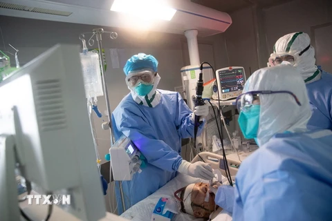 Nhân viên y tế điều trị cho bệnh nhân COVID-19 tại bệnh viện. (Ảnh: AFP/TTXVN)