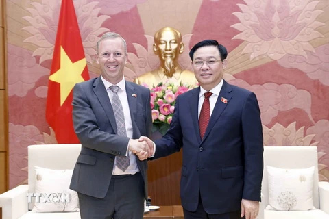 Chủ tịch Quốc hội Vương Đình Huệ và Đại sứ Vương quốc Anh tại Việt Nam Gareth Ward tại buổi tiếp. (Ảnh: Doãn Tấn/TTXVN)
