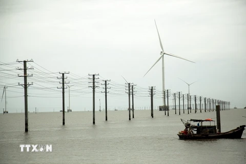 Dự án điện gió đang vận hành tại nhà máy điện gió số 5, xã Thạnh Hải, huyện Thạnh Phú, tỉnh Bến Tre. (Ảnh: Hồng Đạt/TTXVN)