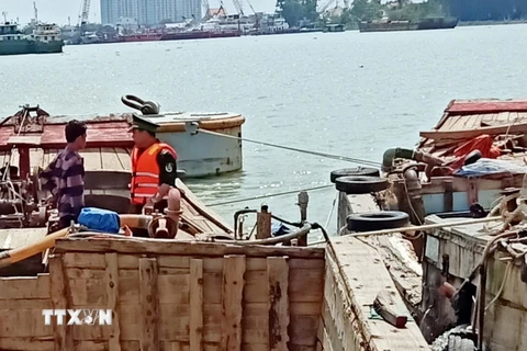 Ghe gỗ vận chuyển trái phép bị Bộ đội biên phòng Thành phố Hồ Chí Minh bắt giữ. (Ảnh: TTXVN phát)