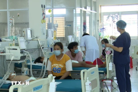 Các bệnh nhân mắc sốt xuất huyết đang được điều trị tại Bệnh viện Nhi Gia Lai. (Ảnh: TTXVN phát)