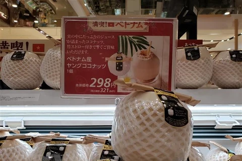 Dừa Việt Nam được bày bán tại siêu thị AEON Lake Town ở Saitama, Nhật Bản. (Ảnh: Đào Thanh Tùng/TTXVN)