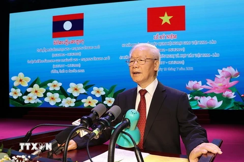 Tổng Bí thư Nguyễn Phú Trọng đọc Diễn văn tại Lễ kỷ niệm. (Ảnh: Trí Dũng/TTXVN)